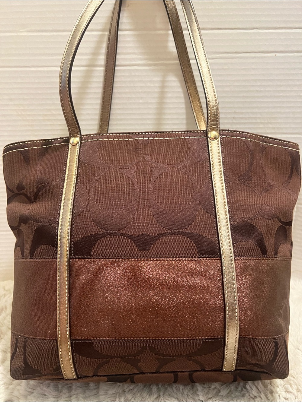 Coach Vintage y2k Brown and Gold Signature Stripe Metallic Copper Tote - Picture 4 of 11